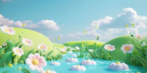 Fototapeta na wymiar 3d wallpaper, cute, Minimalist spring stream grass simple, grass, cute landscape, aspect ratio 2:1