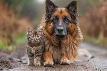 A German Shepherd dog and a tabby cat sitting together outside on a rainy day looking at the camera