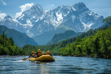 People enjoying white water rafting in a scenic landscape with snow-covered mountains - obrazy, fototapety, plakaty