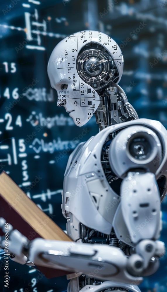 Aufkleber humanoid ai robot with book surrounded by holographic math formulas on blurred background