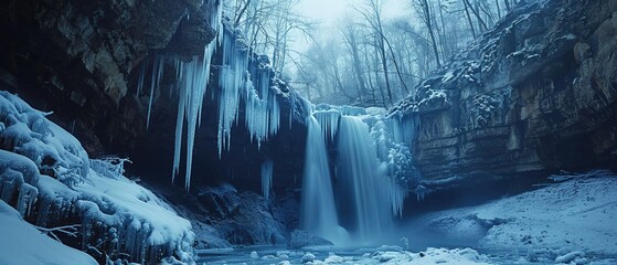 Frozen waterfall in a winter landscape, icicles clinging to the rock face, contrasting textures , high-resolution - obrazy, fototapety, plakaty