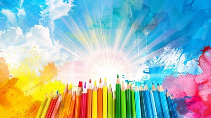 a set of different school items in the center, on the sides there is a background of the sky and sun rays. Abstract background.