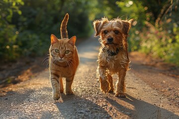 Ginger cat and brown dog enjoy a stroll in the countryside under blue skies and green fields.