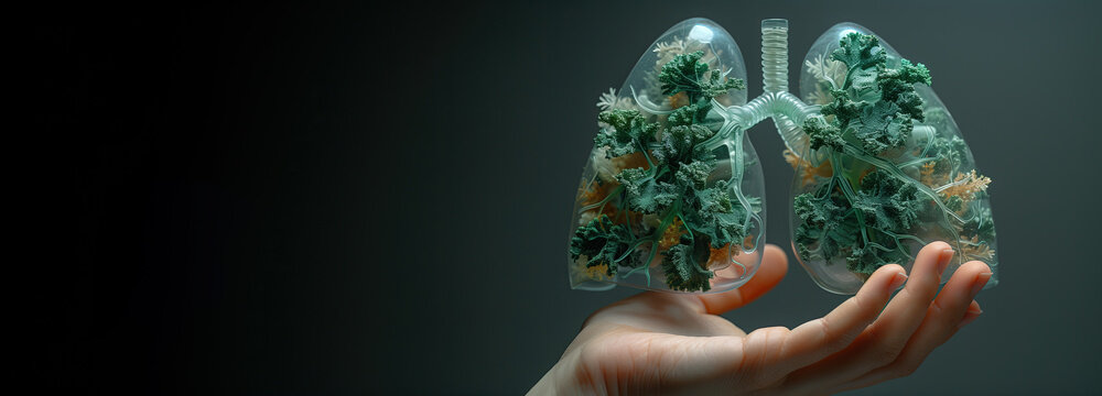 Banner with human hands holding transparent lungs stylized from plants, ecological concept