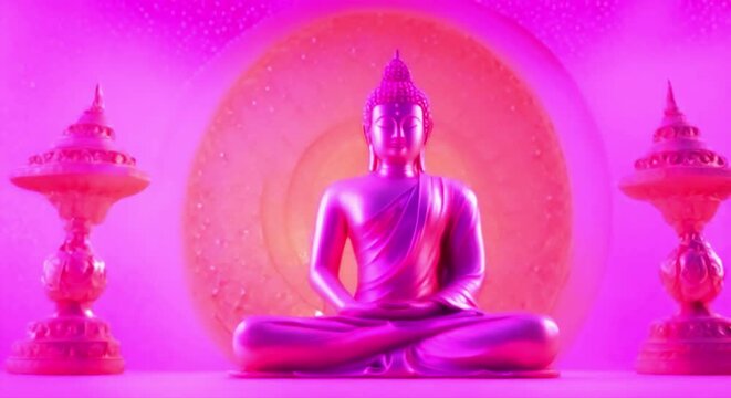 Pink Meditating Gautama Buddha or Avalokitesvara Bodhisattva Statue in Lotus Yoga Position: Seamless Looping Animated Background.
