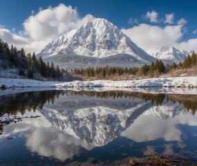 a mountain is reflected in a lake with a mountain in the background