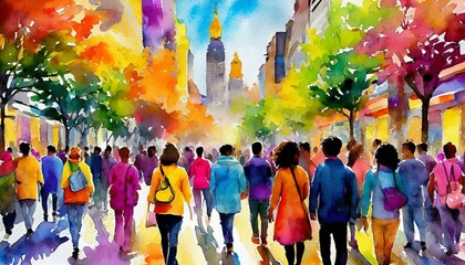 Crowd of people panorama, abstract watercolor painting with bright and bold colors, meeting on the street. Beautiful artistic image for poster, wallpaper, art print.