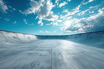 A vibrant blue sky with fluffy clouds sets the backdrop for an empty skate park bowl, symbolizing freedom and youth culture