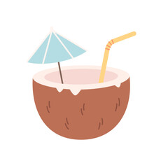 Pina Colada cocktail in coconut shell. Summer vacation, traveling, relaxation. Vector illustration in flat style