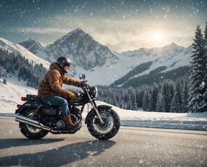 A biker in an orange jacket and helmet riding a motorcycle in snowy mountains.