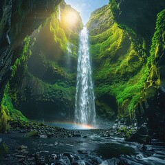 Hidden waterfall nestled in a verdant canyon, sunlight casting a rainbow in the spray , ultra HD