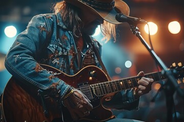 An image capturing a musician in a cowboy hat playing an electric guitar during a live concert...