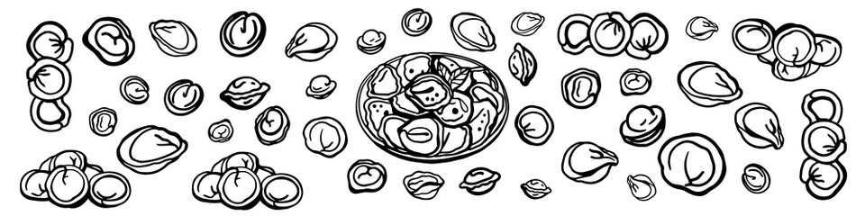 Isolated vector set of meat dumplings. Vareniki. Pelmeni. National dishes. Sketch hand drawn Pelmeni. Ukranian, russian food. Products from the dough and meat.