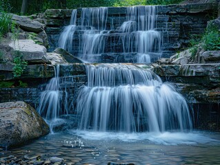 Obraz premium Long exposure of a waterfall cascading over smooth rocks, silky water and sense of movement , ultra HD