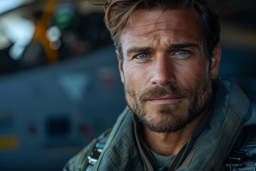 A handsome pilot with an intense gaze stands in front of a fighter jet, showcasing determination and professionalism - obrazy, fototapety, plakaty