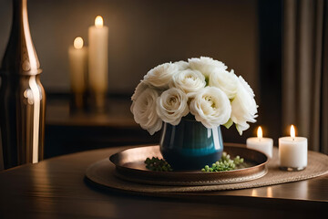 Obraz premium Bouquet of white flowers in a vase, candles on vintage copper tray, wedding home decor on a table