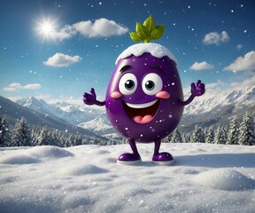 Brinjal vegetable mascot cartoon character with a purple egg with a happy face stands in the snow