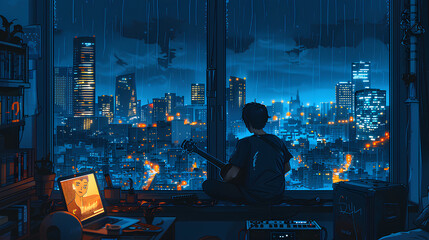 Musician Composing in High-Rise Apartment, Rainy Night Cityscape