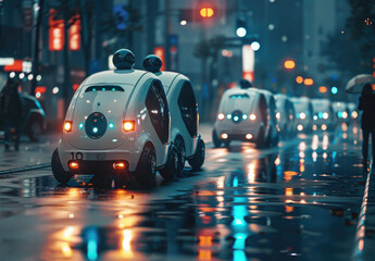 A group of small robots with blue LED lights on their wheels drove along the city street, lined up in rows like little cars and trucks.