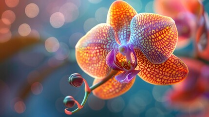 Macro closeup of a single orchid, intricate details of petals and stamen, vibrant colors , 3D style