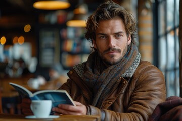 A stylish man with a mustache and scarf engrossed in a book at a coffee shop