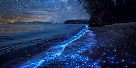 Bioluminescent algae shoreline at night