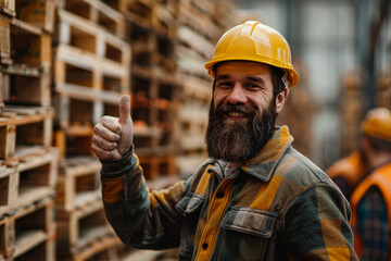 A man with a yellow hard hat is giving a thumbs up. He is smiling and he is happy