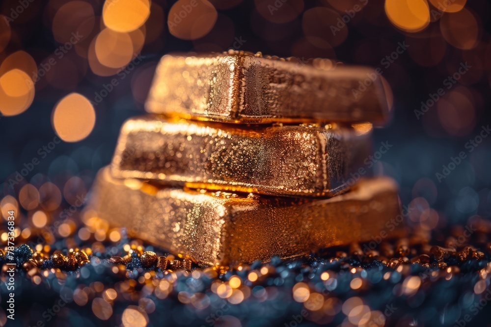 Poster detailed image of golden bars stacked with sparkling bokeh lights enhancing the perception of wealth