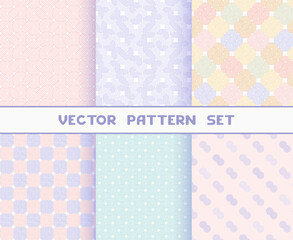 Set of abstract repeat patterns with geometric swirls in gentle pastel colors