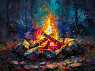 A painting of a fire with a pile of wood in the middle. The fire is orange and yellow, and the wood is brown. The painting has a warm and cozy feeling, as if it were a scene from a campfire