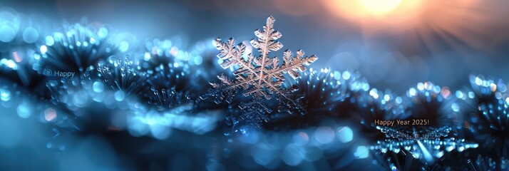 Fototapeta premium Single snowflake up close with a blurred background in blue tones.