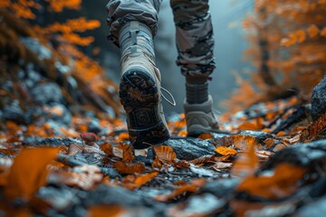 Close-up of a hiker's boots stepping on fallen leaves, representing exploration and adventure