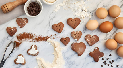 Obraz na płótnie Canvas Ingredients and shapes for baking cookies on marble table Concept cooking with love cooking for your loved ones baking for valentines day Top view Copy space : Generative AI