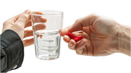 a person holding a glass of water and a pill in their hand. transparent background png