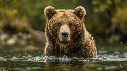 Fototapeta premium A brown bear is swimming in a river. The bear is looking directly at the camera