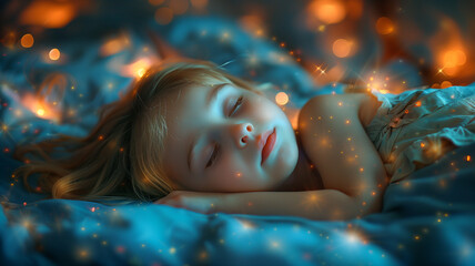 A sleeping girl's dreams weave wonder and beauty, illustrating restful sleep's allure and dreaming mind's possibilities.