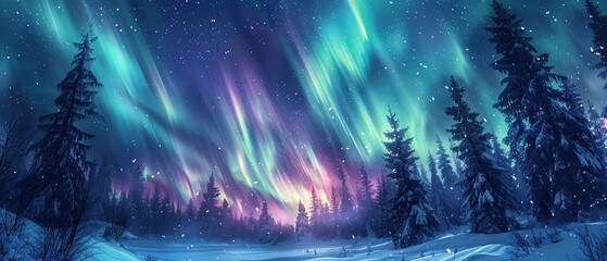 Northern Lights dancing above a snowcovered forest, vibrant greens and purples against a starry sky , ultra HD