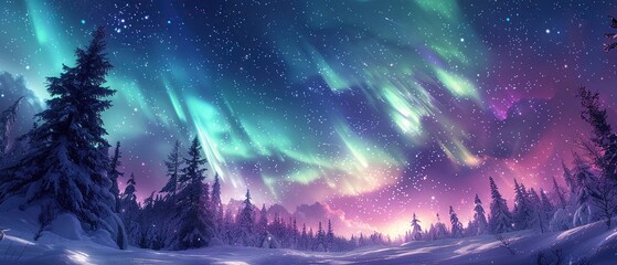 Northern Lights dancing above a snowcovered forest, vibrant greens and purples against a starry sky...