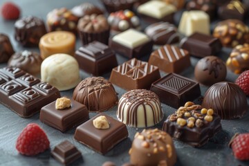 An arrangement of various gourmet chocolates and pralines showcasing different textures and tastes - obrazy, fototapety, plakaty