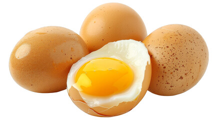 a group of eggs with a broken egg yolking. transparent background png - obrazy, fototapety, plakaty