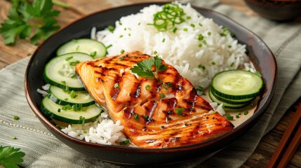 Grilled salmon fillet served with steamed white rice and fresh cucumber slices on a wooden surface