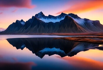 Vestrahorn mountaine on Stokksnes cape in Iceland during sunset with reflections. Amazing Iceland nature seascape. popular tourist attraction. Best famouse travel locations.
