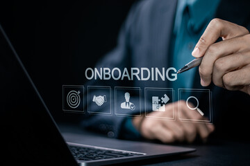 Onboarding new employee process concept. Human resources business to introduce newly hired employee into an organization with behavior, welcome, knowledge, and skills.