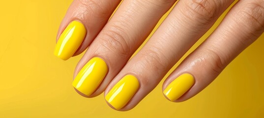 Closeup of elegant woman s hand featuring vibrant yellow nail polish on fingernails