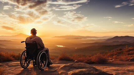 A wheelchair user appreciates a beautiful, vibrant landscape, a testament to adventure and exploration, regardless of disability - obrazy, fototapety, plakaty