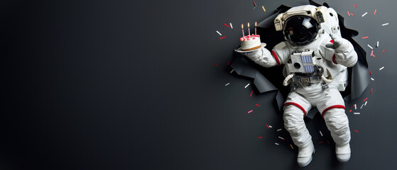 Fototapeta premium A weightless astronaut holds a birthday cake with candles, set against a monochromatic background