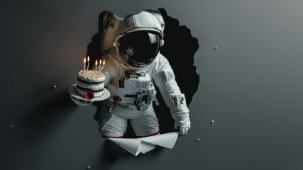 Creative image of an astronaut surfing through space on a paper plane while holding a birthday cake