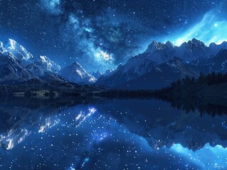 Reflection of a starry night sky in a perfectly still alpine lake, mirroring the heavens , 3D style