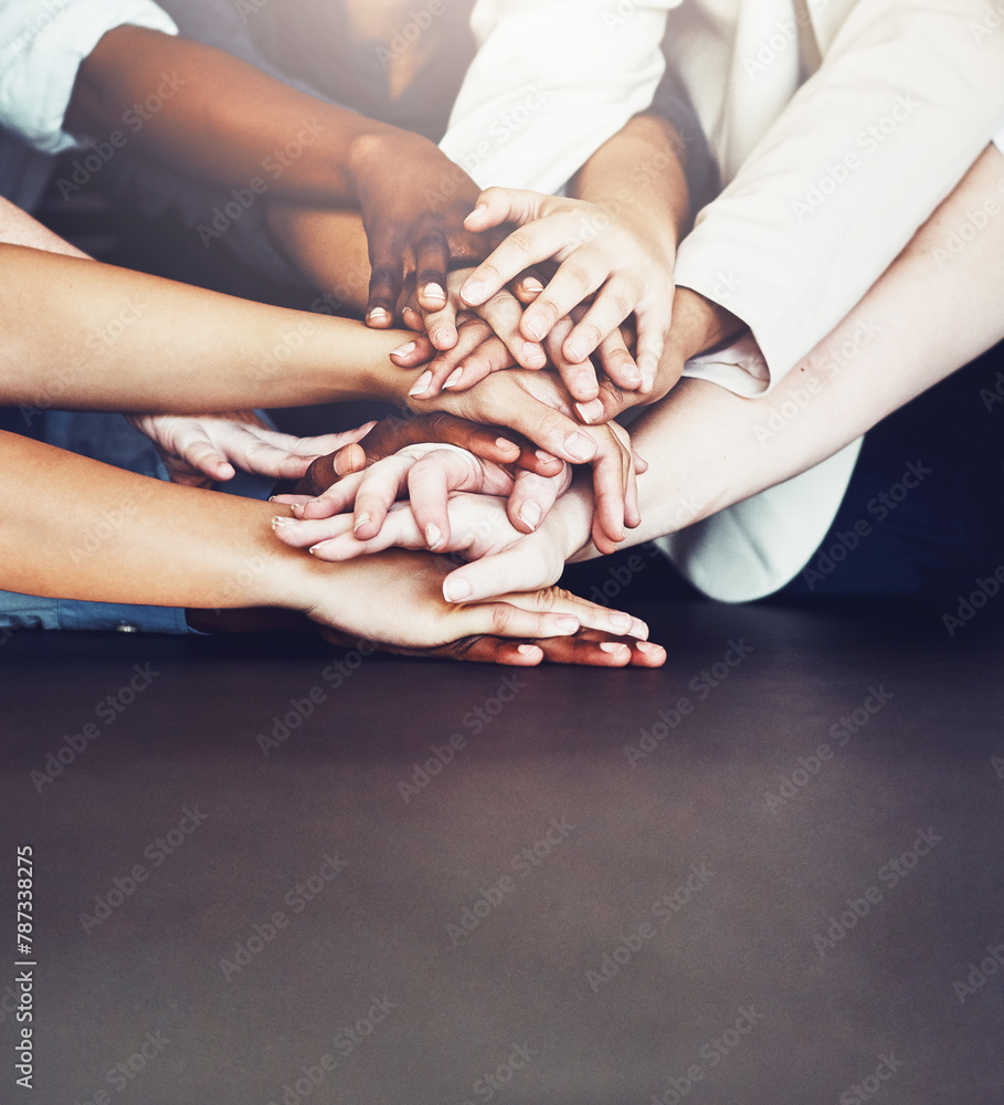 Aufkleber hands stack, teamwork and group with support, collaboration and motivation for startup project. crea