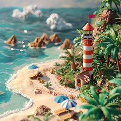 Miniature beach with lighthouse - obrazy, fototapety, plakaty
